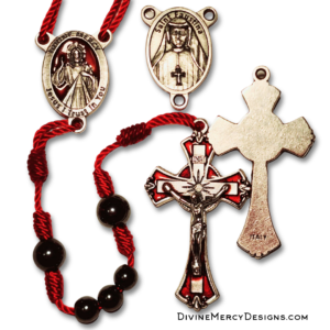Divine Mercy Design Rosary with Saint Faustina on back of Center and back view of Crucifix